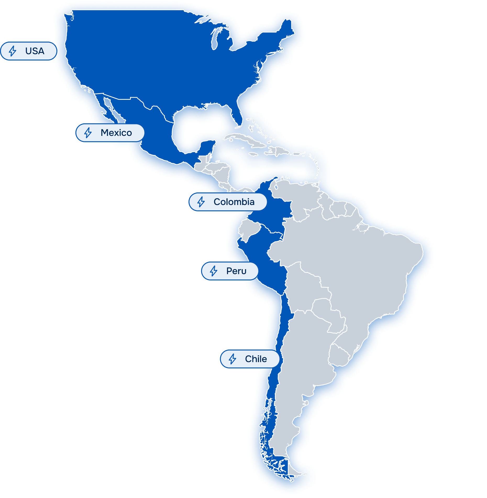 Map with USA, Mexico, Colombia, Peru and Chile marked as available countries.