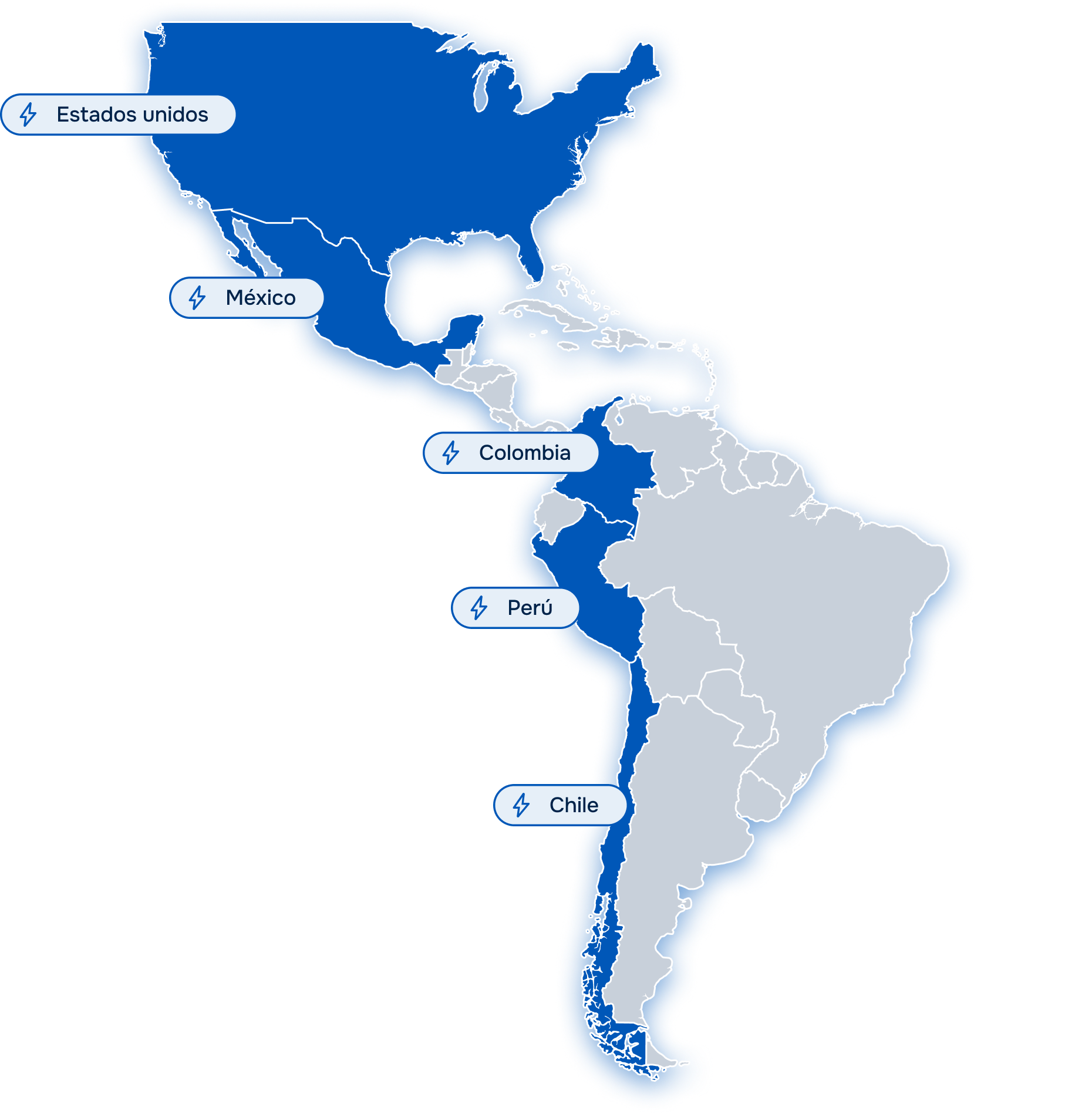 Mapa con Estados Unidos, México, Colombia, Perú y Chile resaltados como países disponibles. Mapa con Estados Unidos, México, Colombia, Perú y Chile resaltados como países disponibles.